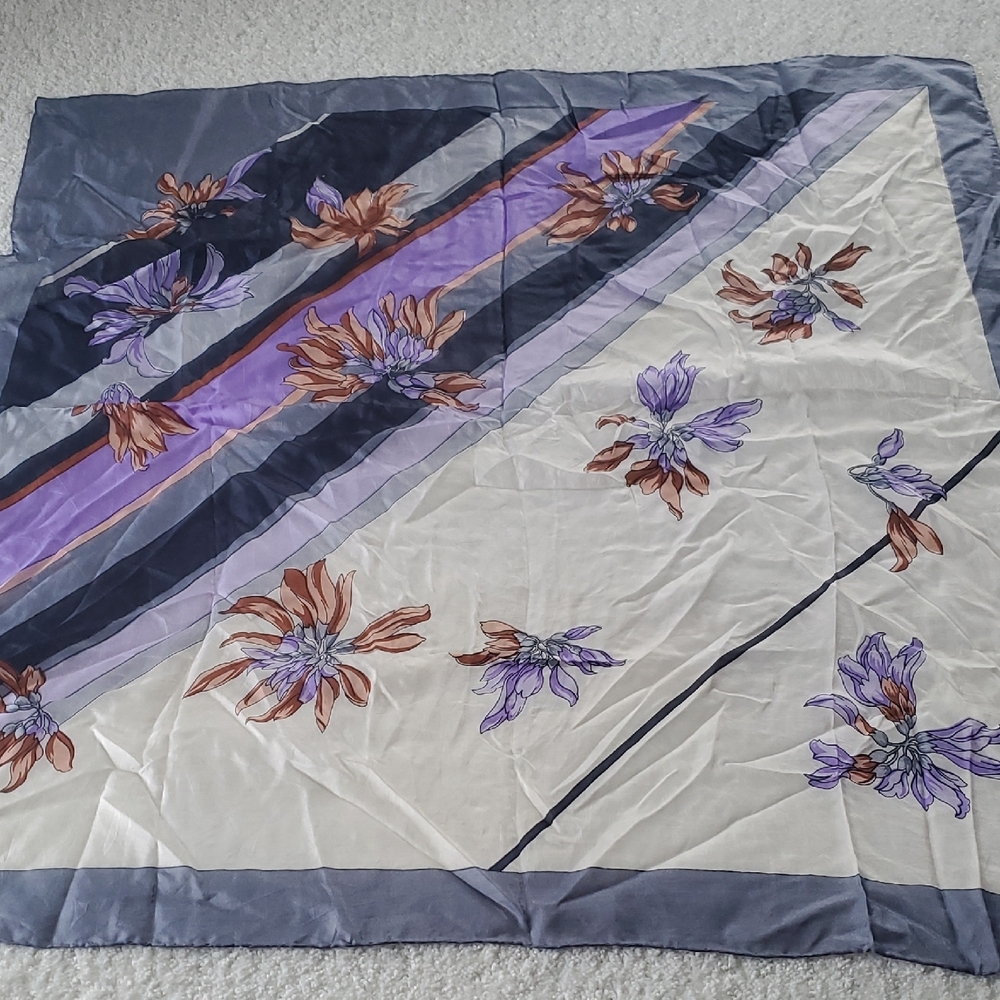 Silk Scarf with Floral Accents Purple Blue Square 27.5" x 28"